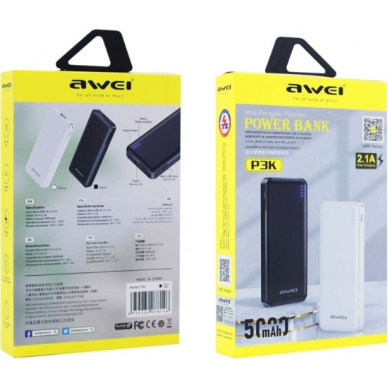 Awei P3K Power Bank 5000mAh 12W με Θύρα USB-A Μαύρο