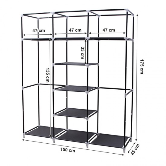 Φορητή Υφασμάτινη Ντουλάπα με Μεταλλικό Σκελετό Χρώματος Μαύρο 150 x 45 x 175 cm Songmics RYG12B