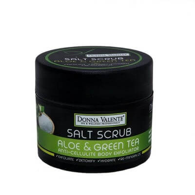 DONNA VALENTE SALT SCRUB - ALOE & GREEN TEA - ANTI-CELLULITE BODY EXFOLIATOR - 250G