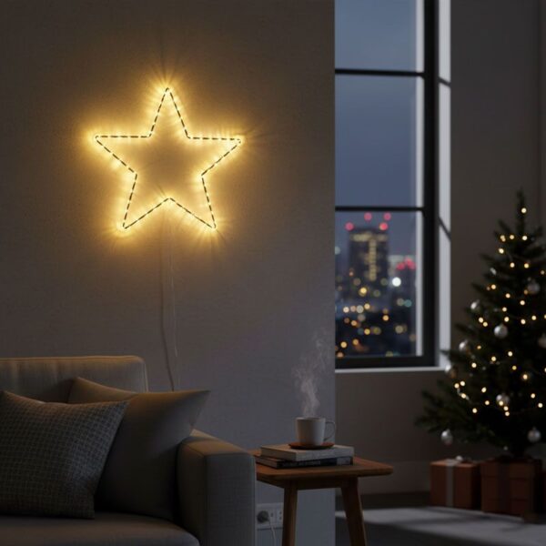 Χριστουγεννιάτικο αστέρι LED σε τοίχο με εορταστικό φωτισμό