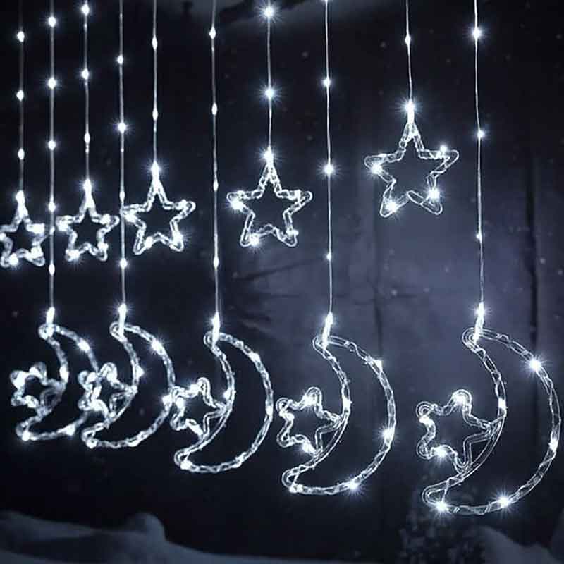 Christmas White Curtain Lights Stars & Moons 3M Κουρτίνα φωτάκια Χριστουγέννων 3 μέτρων με αστέρια και φεγγάρια LED ψυχρού φωτός