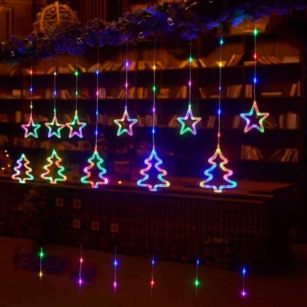 Πολύχρωμα Χριστουγεννιάτικα Φωτάκια Κουρτίνα με Δεντράκια και Αστεράκια LED RGB 3M για διακόσμηση