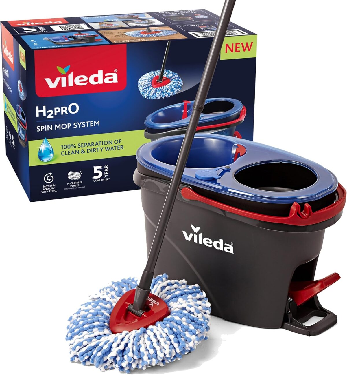 Vileda H2Pro Σύστημα Σφουγγαρίσματος με Πεντάλ & Διπλό Κάδο – Καθαρό Νερό - Image 1